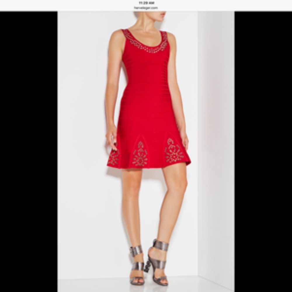 Herve Leger Blakey multi eyelet red a-line dress
